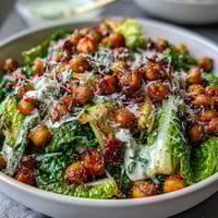 Crispy roasted chickpea croutons top this vegan Caesar salad with creamy cashew dressing and fresh romaine.  