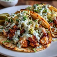 Crispy cheese-crusted tacos filled with seasoned ground chicken, dill pickles, and crunchy cabbage, drizzled with tangy ranch sauce.