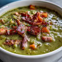 A steaming bowl of Ham and Split Pea Soup with tender carrots and savory ham chunks for a cozy meal.