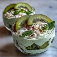 Creamy chia pudding cups layered with tangy kiwi and zesty lime, topped with fresh kiwi slices and coconut flakes for a vibrant vegan breakfast.