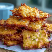 Homemade ranch-flavored sourdough Cheez-Its with crispy golden edges and a tangy cheese aroma, perfect for game day snacking.  