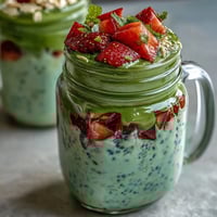 A creamy strawberry matcha latte overnight oats jar with vibrant green and red layers, perfect for a healthy breakfast.
