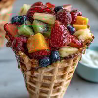 Vibrant fruit-filled waffle cones with strawberries, blueberries, and mango, served with creamy Greek yogurt dip for a refreshing summer dessert.