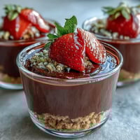 Decadent Easy Dubai Chocolate Strawberry Dessert Cups with dark chocolate, fresh berries, and golden pistachio garnish.