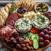 A beautifully arranged housewarming charcuterie board with cured meats, cheeses, fresh fruit, and two homemade dips for sharing.