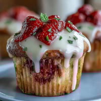 Fluffy strawberry muffins filled with juicy berries and drizzled with a bright lemon glaze, ideal for breakfast or brunch.