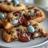Soft, chewy Cadbury Mini Egg Easter Chocolate Chip Cookies with colorful candy shells and melted chocolate chips.