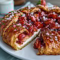Golden strawberry galette with almond frangipane filling, fresh berries glistening atop rustic pastry crust.