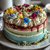 A stunning pastel ombre cake with soft pink, yellow, and green layers, crowned with fresh edible flowers.  