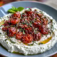 Creamy whipped feta dip topped with sweet roasted cherry tomatoes and fresh basil.
