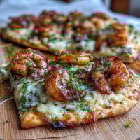 Golden, bubbly mozzarella melts over garlic naan, piled with plump pink shrimp and fresh parsley garnish.