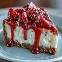 Creamy no-bake strawberry cheesecake with a buttery graham cracker crust, topped with fresh, glossy strawberry sauce and served chilled.