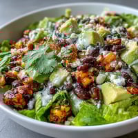 Grilled corn and black bean taco salad with fresh avocado, cherry tomatoes, and zesty lime dressing. Vibrant, colorful bowl perfect for summer meals.
