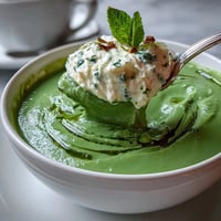 Vibrant spring pea soup topped with airy whipped ricotta and fragrant mint oil, garnished with fresh peas and mint leaves.