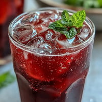Sparkling Hibiscus Mint Lemonade Mocktail in a tall glass with fresh mint and lemon slices, perfect for a refreshing summer drink.  