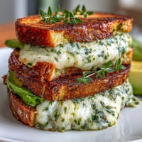 Vibrant Green Goddess Grilled Cheese, golden brown and oozing melted cheese.