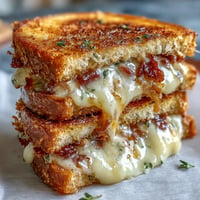 Golden brown Ham and Swiss Honey Mustard Grilled Cheese, oozing with melted cheese.