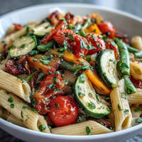 Vibrant Pasta Primavera Express overflowing with colorful garden vegetables, ready to serve.