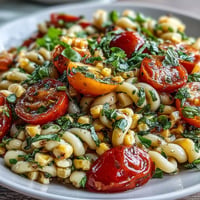 Bright Summer Corn and Tomato Pasta Salad with vibrant colors, ready for a picnic.