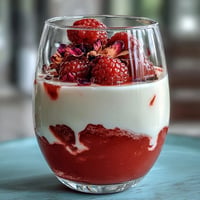 Vibrant Raspberry Rose Jello Parfait with creamy yogurt, layered elegantly in glass.