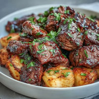 Golden Garlic Butter Steak Bites and Potatoes with crispy potatoes, glistening in sauce.