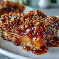 Juicy Miso Caramel Peach Crisp with golden-brown oat topping, perfect summer dessert.