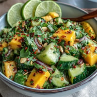 Vibrant Mango Tajín Cucumber Salad, colorful diced mango and cucumber ready for a zesty dressing.