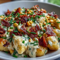Close-up of Creamy Corn and Bacon Gnocchi, rich sauce coating tender pasta.