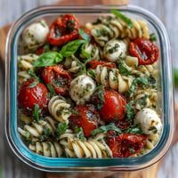 Vibrant Tomato Mozzarella Pesto Lunchbox Pasta salad with fresh basil, ready to eat.